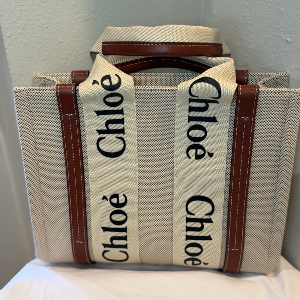 Chloe Woody Tote Canvas and Brown Leather crossbody Like New! COA. Dustbag